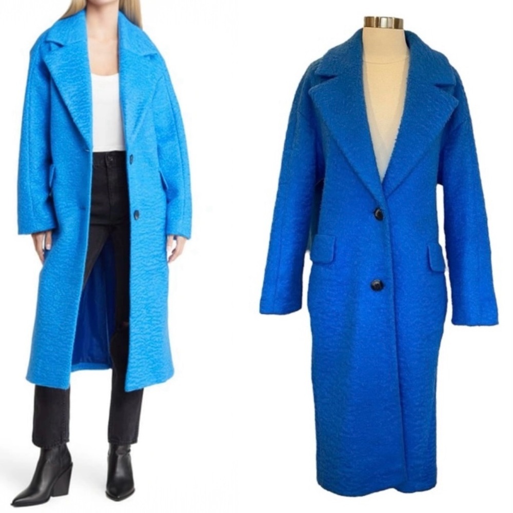 Royal Blue Textured Longline Coat | Oversized Wool Look Zara Style Jacket